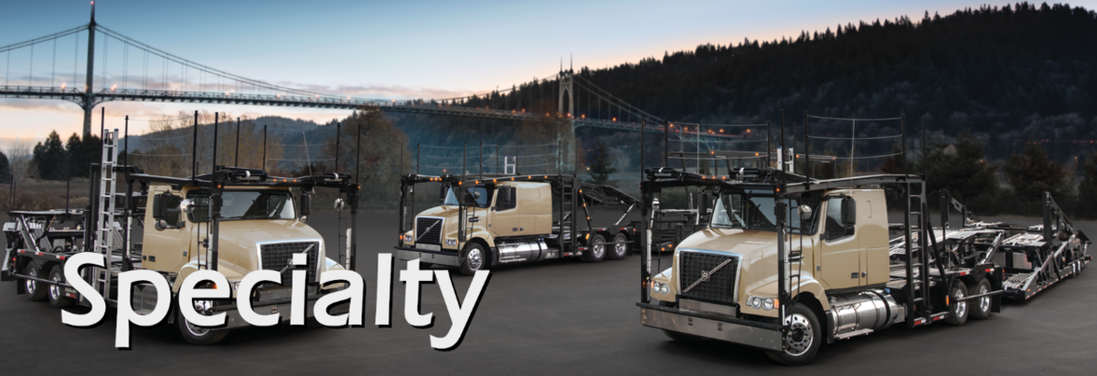 The word Specialty over three large trucks